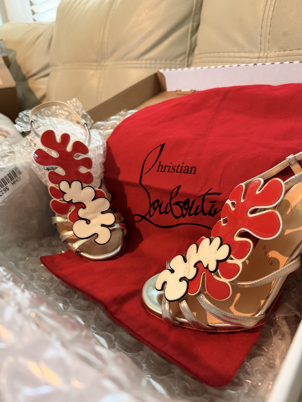 Christian Louboutin Red and Cream Floral Appliqué Slingback Sandals - Picture 2 of 4